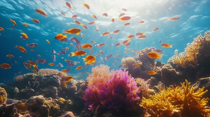 A vibrant underwater scene with colorful fish swimming over a coral reef.