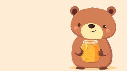 Fototapeta premium A cute brown bear with a big smile holds a jar of honey.