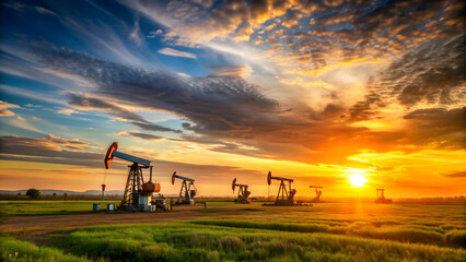 Fototapeta premium Sunset over oil wells in a rural field, oil wells, sunset, rural, field, energy, industry, environment