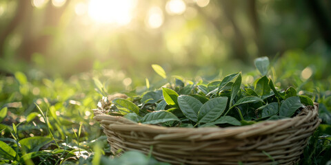 Close up of fresh tea leaves in a bamboo basket, generative AI
