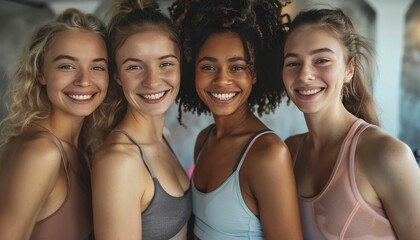 Obraz premium Portrait of cheerful diverse female friends in sportswear smiling at camera