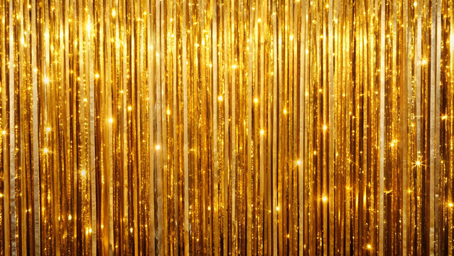 Golden sparkling tinsel curtain backdrop for a festive party setting, Golden, sparkling, tinsel, curtain, backdrop, wide