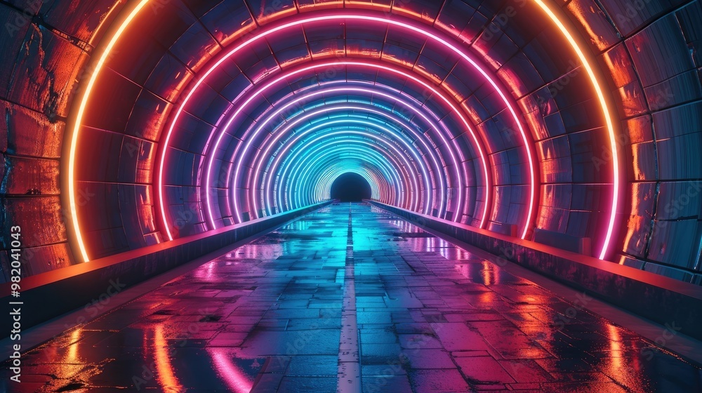 Leinwandbilder a vibrant and pulsating array of neon lights and geometric shapes forming a tunnel-like structure, e