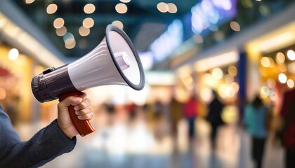 Person holding a megaphone in a bustling shopping mall, highlighting the importance of communication and marketing in crowded environments.
