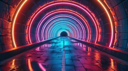 A vibrant and pulsating array of neon lights and geometric shapes forming a tunnel-like structure, Energetic, Night, Neon Light. Generative AI.