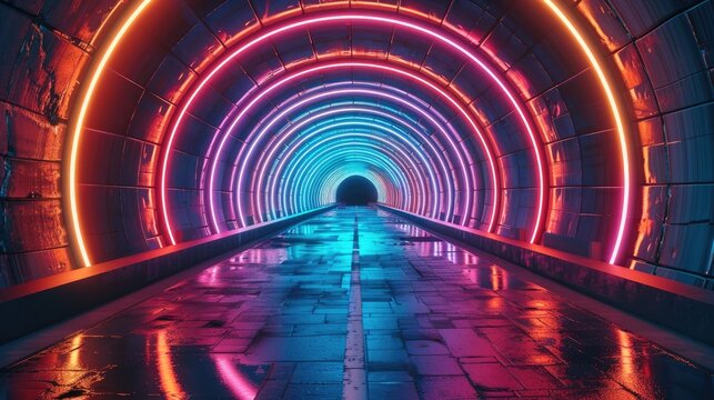 A vibrant and pulsating array of neon lights and geometric shapes forming a tunnel-like structure, Energetic, Night, Neon Light. Generative AI.