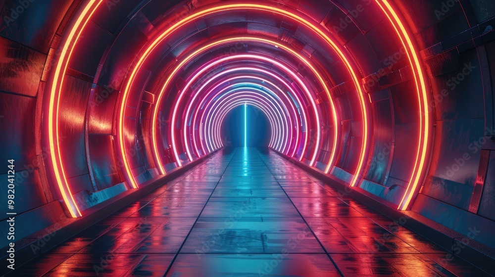 Leinwandbilder a vibrant and pulsating array of neon lights and geometric shapes forming a tunnel-like structure, e