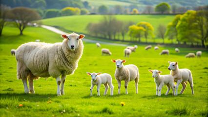 Obraz premium Sheep and lambs grazing peacefully in lush green fields, sheep, lambs, green fields, grazing, animals, nature, farm