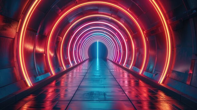 A vibrant and pulsating array of neon lights and geometric shapes forming a tunnel-like structure, Energetic, Night, Neon Light. Generative AI.