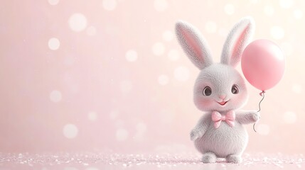 Obraz premium A cute cartoon bunny with a pink bow tie holds a pink balloon against a pink sparkly background.