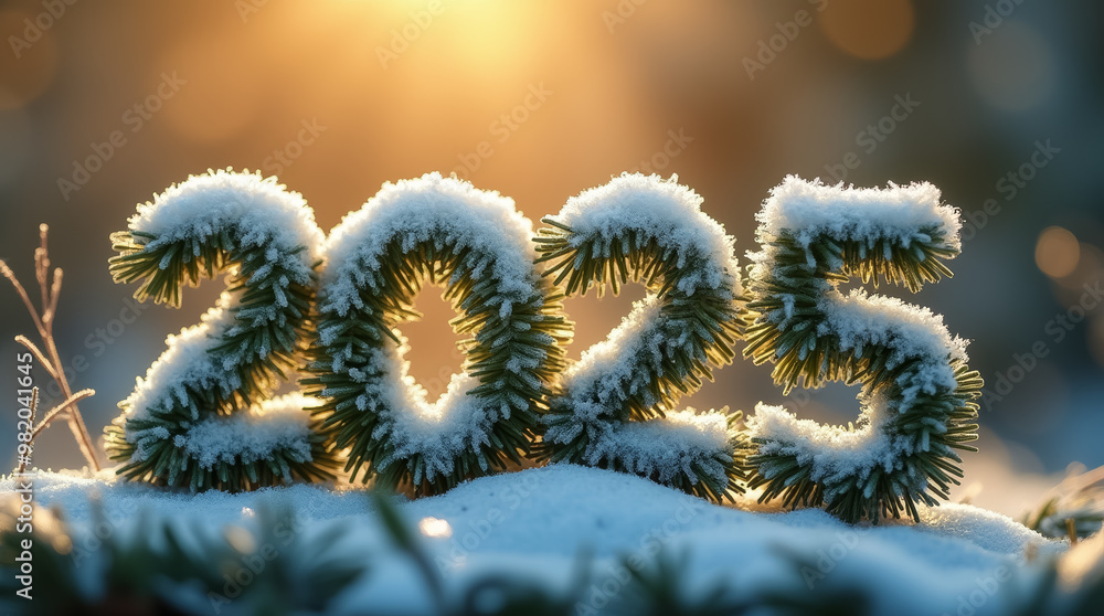 Poster the year 2025 is creatively displayed using frosty evergreen branches, covered in snow, illuminated 