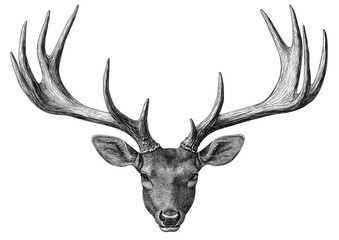 Detailed Black and White Deer Head with Antlers Illustration Isolated