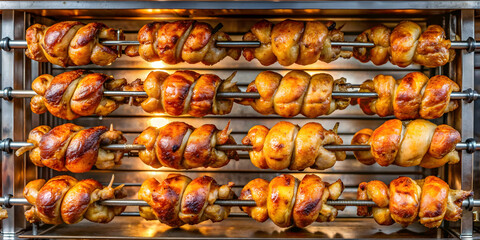 Grilled chickens rotating on a spit in a steamy rotisserie machine, chickens, grill, roasting, food, cooking, roasted, delicious