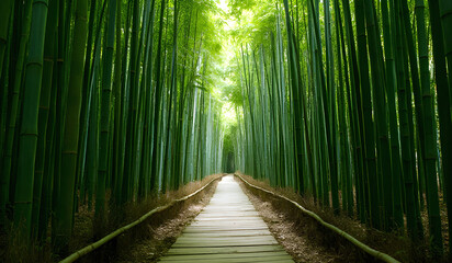 Green bamboo forest and a wooden path in the middle of the forest. Morning sun light. AI generated.