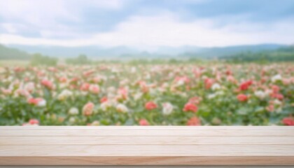 Wooden table with a blurred background of colorful flowers in a vast field under a cloudy sky, perfect for product display.