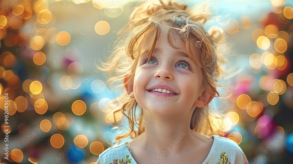 Poster A young child standing confidently with a big smile, The background is bright and lively. Generative AI.