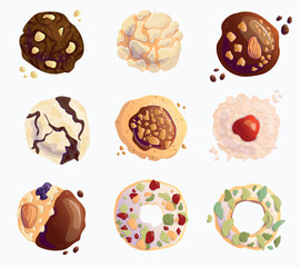 A set of beautiful and delicious cookies. Bakery. Cartoon style. White background, isolate.
