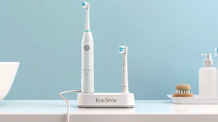 Modern Eco-Smile Electric Toothbrush Set on Bathroom Counter. High-Tech Oral Care with Eco-Friendly Features.