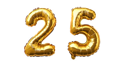 Golden metallic balloons shaped in the number 25 against a clean white background,representing a 25th anniversary or birthday