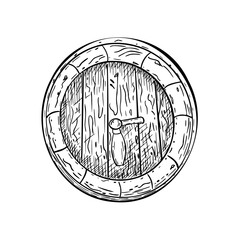 Wooden beer barrel black white vector graphic illustration isolated. Wine barrel monochrome ink painted. Cask front with tap hand drawn in line art for design packaging, beer festival, label, menu.