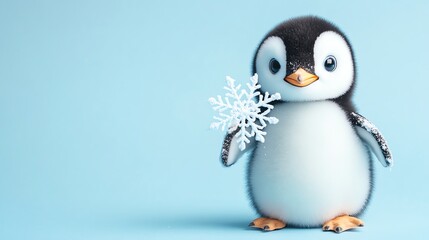 Fototapeta premium A cute, fluffy penguin holds a snowflake against a blue background.