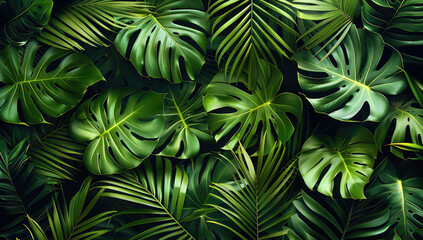 Seamless pattern of tropical leaves in vibrant green shades, fresh and natural. Generative AI.