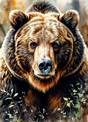 Fototapeta premium Portrait of a brown bear in the forest. Digital painting.