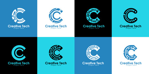 Set of creative letter c modern liner digital technology logo design