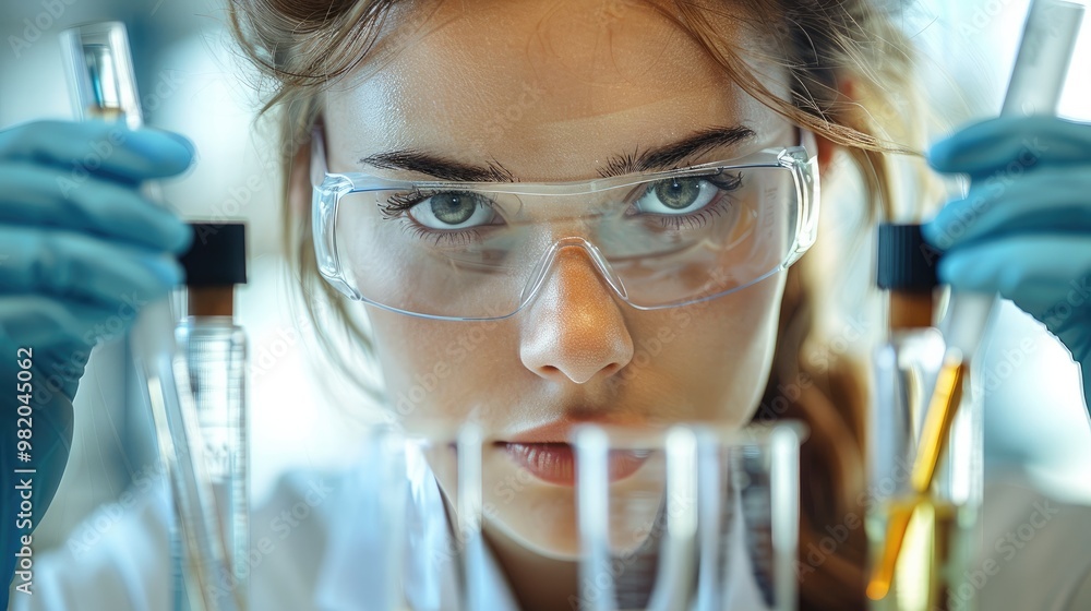 Poster a female scientist is working in a laboratory, using a test tube. generative ai.