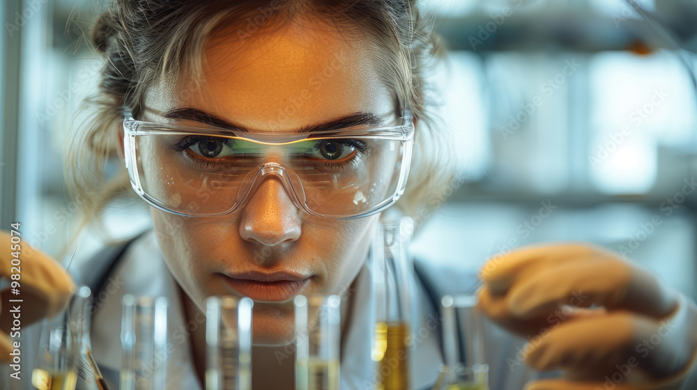 Poster A female scientist is working in a laboratory, using a test tube. Generative AI.