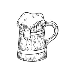 Tankard and foam black white graphic vector illustration isolated. Stein, ale horn painted ink silhouette. Wooden beer mug hand drawn in line art for design beer festival menu, packaging, label.