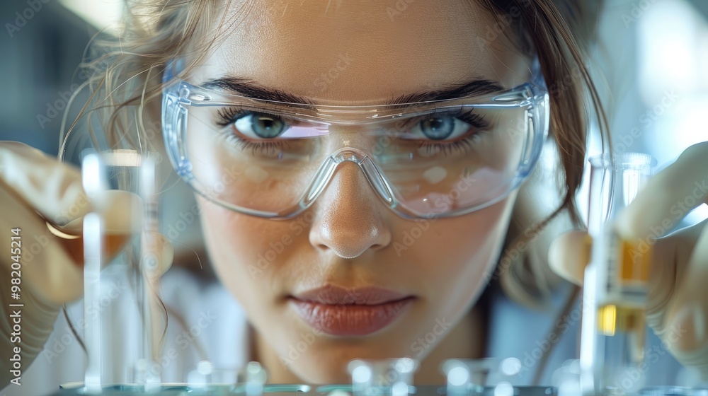 Poster A female scientist is working in a laboratory, using a test tube. Generative AI.