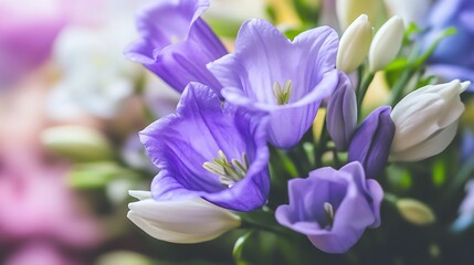 Close-up of purple bellflowers with white buds, soft focus background.