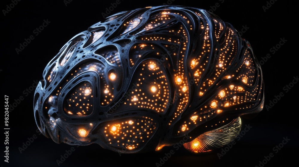 Poster neural elegance. illuminated brain sculpture showcasing complex networks