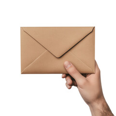 Fototapeta premium A hand holding a simple brown envelope, symbolizing communication and correspondence in a minimalist style. isolated on a transparent background