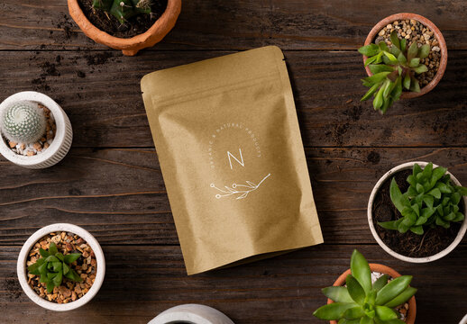 Packaging Flatlay Kraft Zip Standup Pouch Mockup