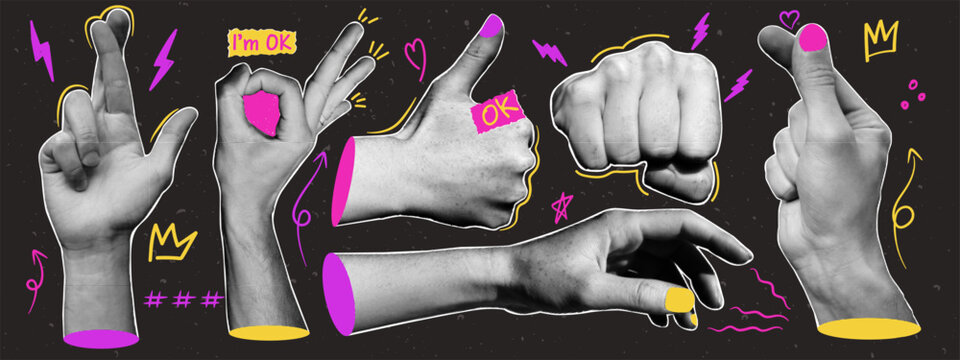 Halftone collage hands with doodle elements. Y2k collage design. Vector elements in pop art style.