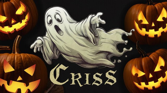 An illustration of a ghost made of tinta de alcohol, a type of ink, floating in a dark background. The ghost has a wide-eyed expression and is wearing a tattered cloth. The text "Criss" is written in 