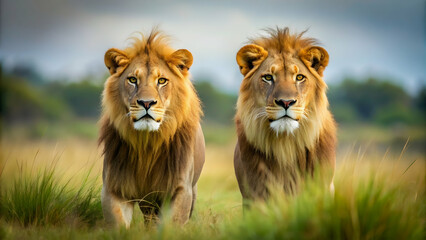 Obraz premium Two majestic lions roaming in the wild , lions, wildlife, nature, majestic, king of the jungle, Africa, savannah