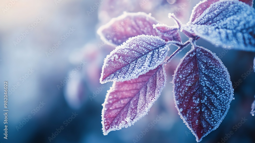 Poster close-up of a frosted leaf branch, showing intricate detail and delicate texture of the frost.