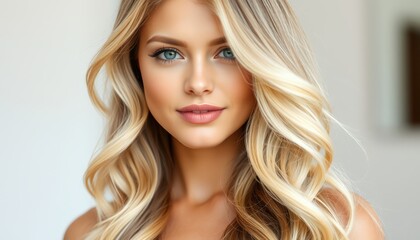 Fototapeta premium A beautiful woman with long blonde hair and captivating blue eyes, radiating confidence and elegance in a bright, airy setting.