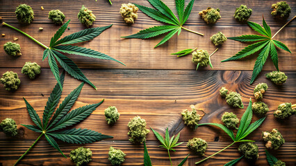 Marijuana buds and leaves scattered on a wooden table, cannabis, weed, hemp, relaxation, medical, herb, CBD, THC, plant