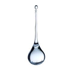 Transparent,teardrop-shaped water droplet suspended in mid-air against a clean,white backdrop,creating an elegant,minimalist,and visual composition.