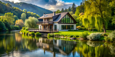 Fototapeta premium House situated on a peaceful riverbank surrounded by nature , house, river, waterfront, nature, outdoor, serene
