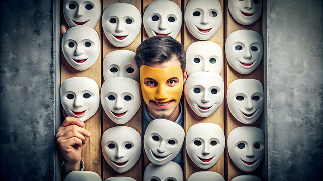 Masked person hiding behind a facade of fake smiles and insincerity, hypocrisy, fake, deception, disguise
