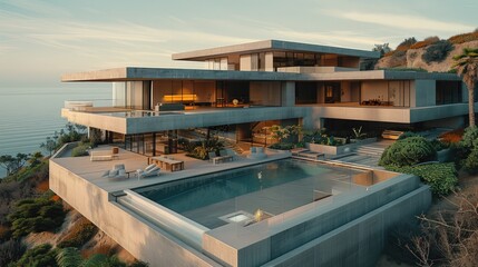 Obraz premium A luxury mansion. Thick concrete elements. Visible structural elements. Minimalist style. Generative AI.