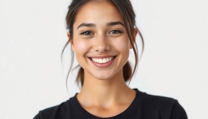 Naklejka premium A cheerful young woman with a bright smile, showcasing happiness and positivity against a neutral background.