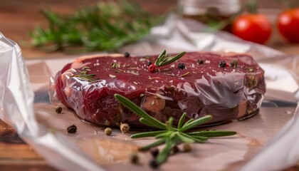Vacuumsealed steak with rosemary and spices on a wooden table