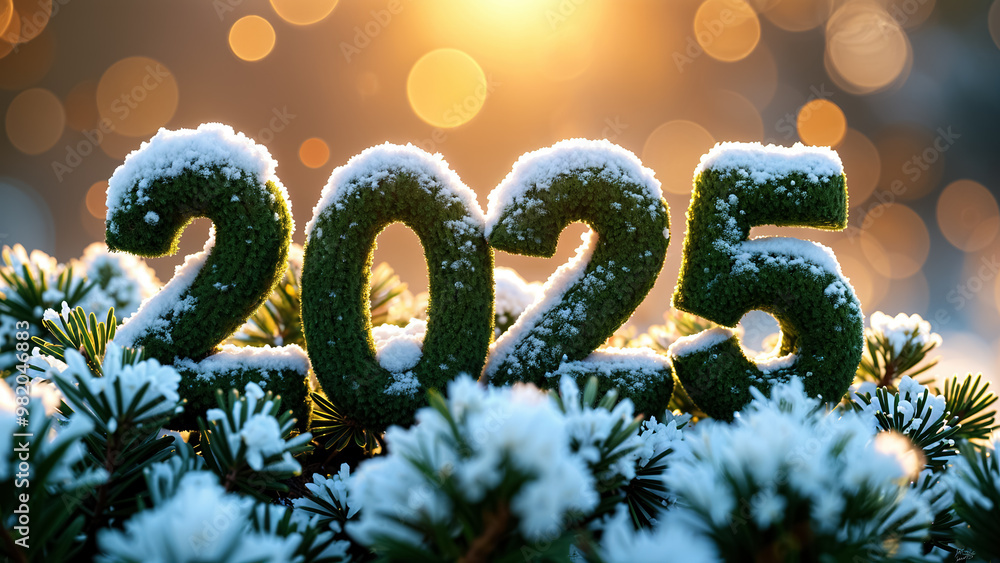 Poster decorative numbers representing 2025 sit atop a snowy surface, surrounded by pine branches as sunlig