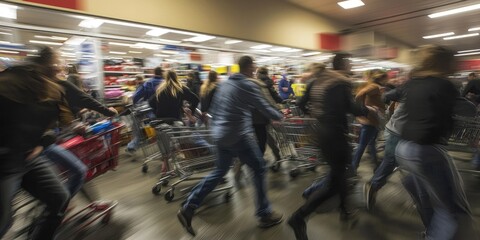Obraz premium A chaotic crowd of people running into a store, pushing carts filled with discounted items, creating a sense of urgency and excitement for Black Friday shopping
